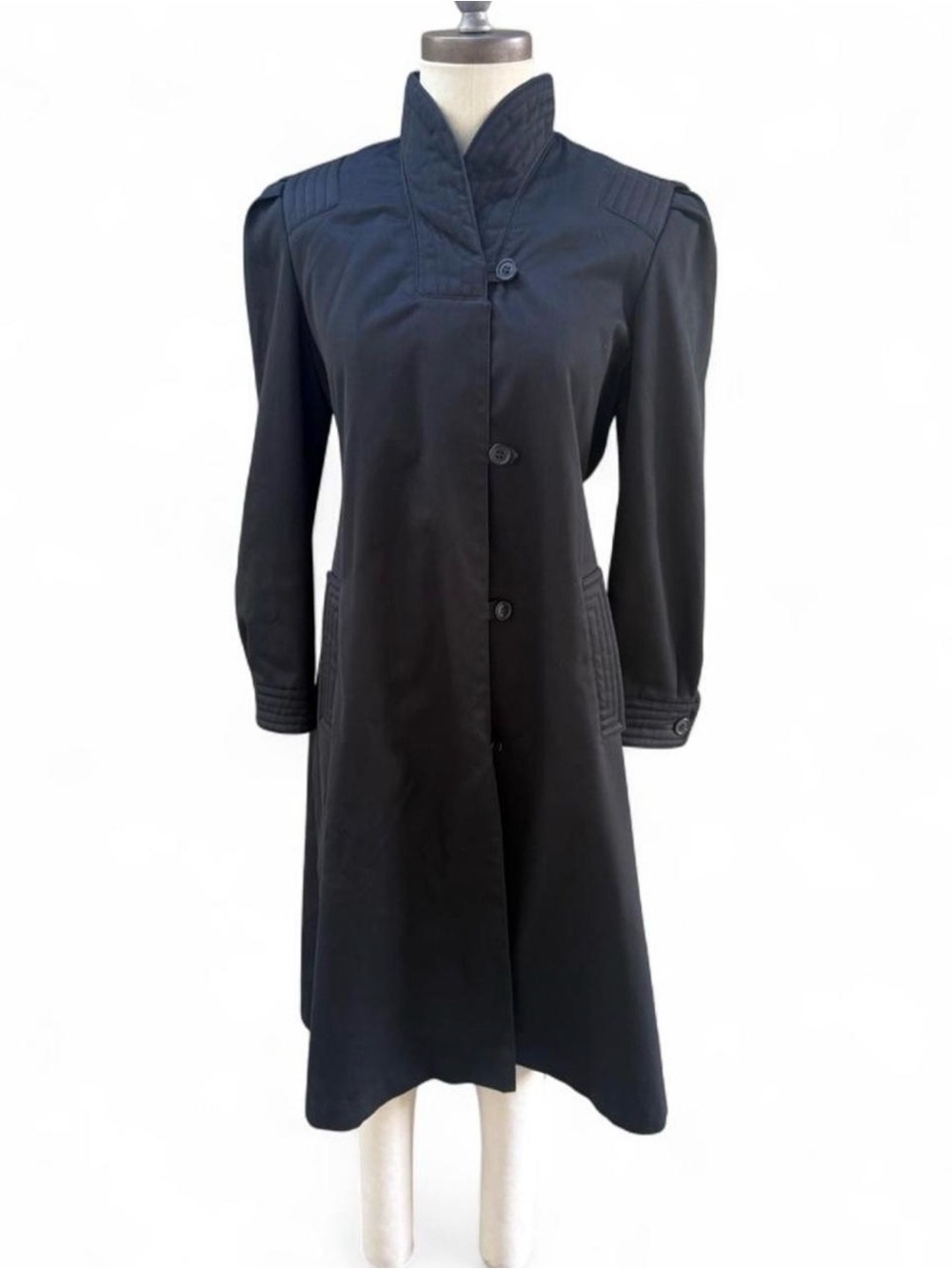 1980’s vintage black trench coat pleated topstitch shoulders buttons retro goth